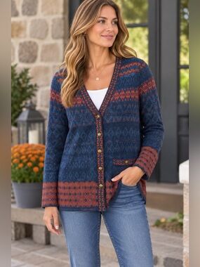 Pendleton Womens S Fine Wool Cardigan Sweater Geometric Fair Isle Navy Rust